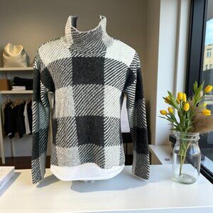 DKNY Black Ivory Plaid Check Chunky Knit Hi Lo Sweater Size Small